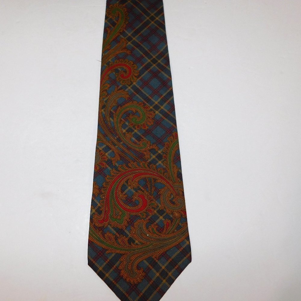 Tommy Hilfiger Italian Silk Mens Neck tie Paisley Plaid Blue Green Red